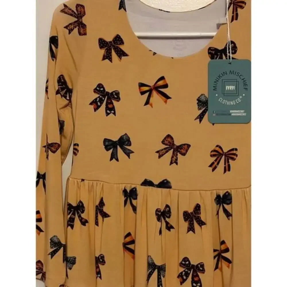 Minikin Mischief Girls Mustard Yellow Bow Print Long Sleeve Tiered Ruffle Dress